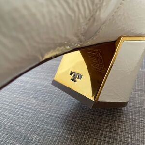 Tory Burch Juliana Beige Patent Leather Block Heel Ankle Boots | Gold Accent | 9